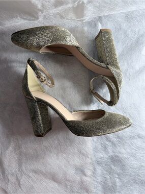 J. Crew Gold Glitter Block Heel Pumps with Ankle Strap